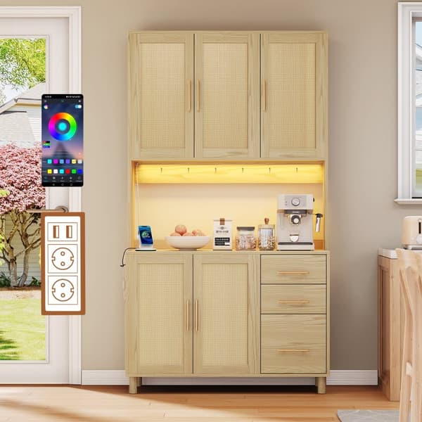 183 cm luonnonvärinen buffetkaappi, LED-koristevalaisimet, 2 USB, 2 pistoketta, säädettävät hyllyt, 3 laatikkoa, kultaiset metallikahvat