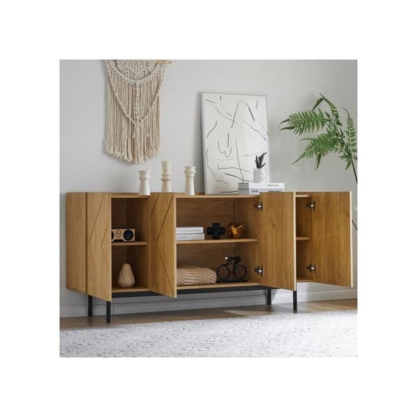 Buffé med 4 dörrar och metallinsatser i naturträ - Mått: H78 cm / B160 cm / D40 cm