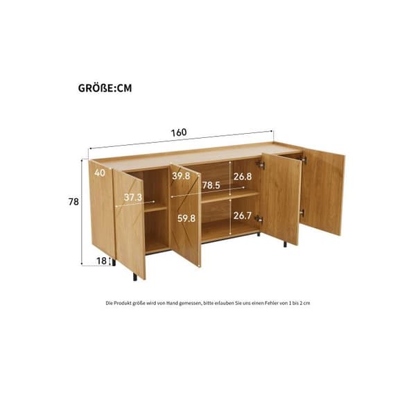 Buffé med 4 dörrar och metallinsatser i naturträ - Mått: H78 cm / B160 cm / D40 cm