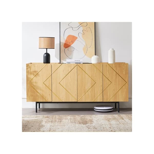 Buffé med 4 dörrar och metallinsatser i naturträ - Mått: H78 cm / B160 cm / D40 cm