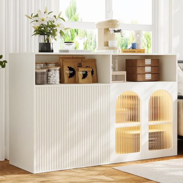 Skænk med glasdør og LED-belysning, fritstående træskab til køkken eller stue, hvid, 140×35×90 cm