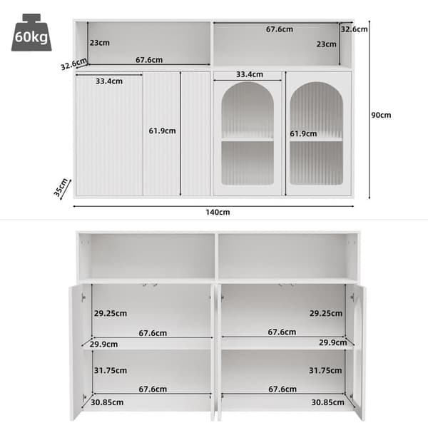 Skænk med glasdør og LED-belysning, fritstående træskab til køkken eller stue, hvid, 140×35×90 cm