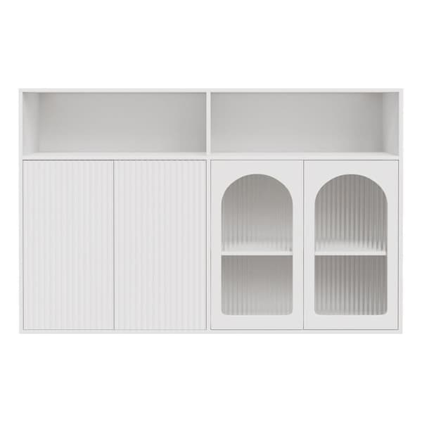 Skænk med glasdør og LED-belysning, fritstående træskab til køkken eller stue, hvid, 140×35×90 cm