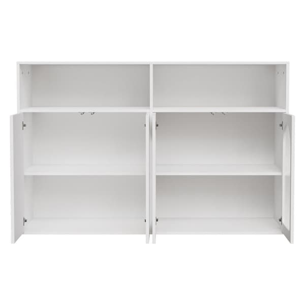 Skænk med glasdør og LED-belysning, fritstående træskab til køkken eller stue, hvid, 140×35×90 cm