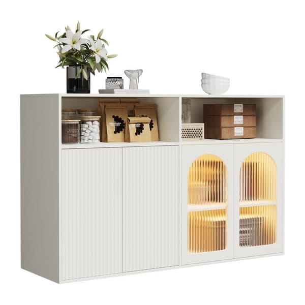 Skænk med glasdør og LED-belysning, fritstående træskab til køkken eller stue, hvid, 140×35×90 cm