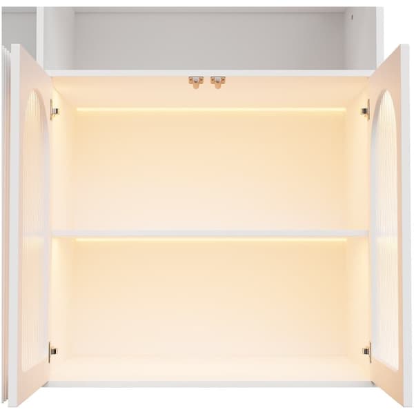 Skænk med glasdør og LED-belysning, fritstående træskab til køkken eller stue, hvid, 140×35×90 cm
