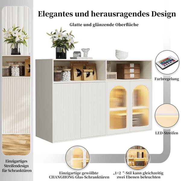Skænk med glasdør og LED-belysning, fritstående træskab til køkken eller stue, hvid, 140×35×90 cm