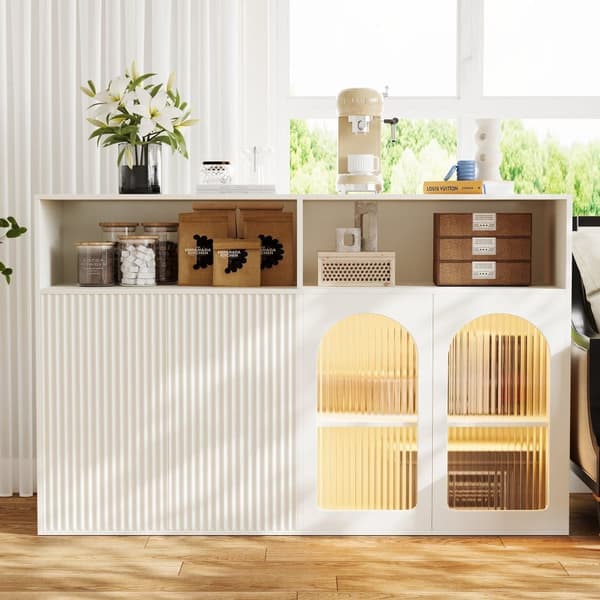 Skænk med glasdør og LED-belysning, fritstående træskab til køkken eller stue, hvid, 140×35×90 cm
