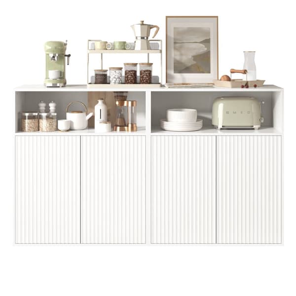 Sideboard för förvaring med magnetdörr – fristående träskåp för kök eller vardagsrum, vit, 140×35×90 cm