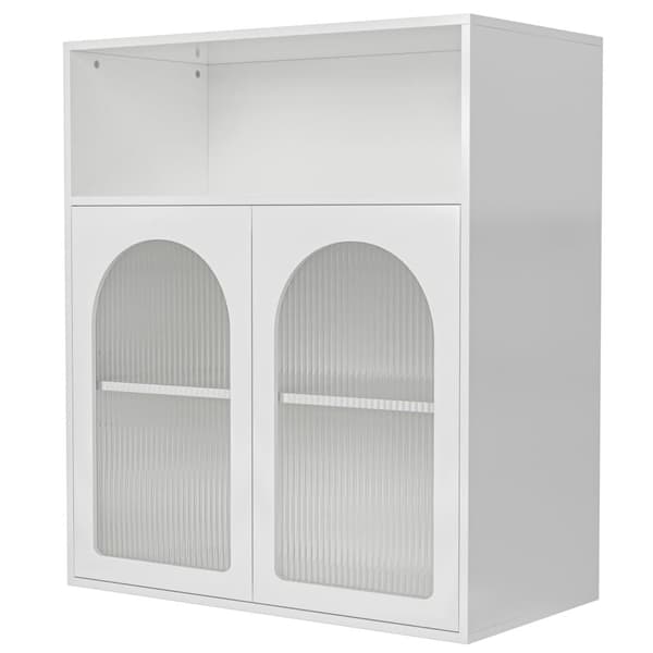 Skænk med glaslåge og LED-belysning – hvidt fritstående opbevaringsskab i træ, 140×35×90 cm, til køkken eller stue