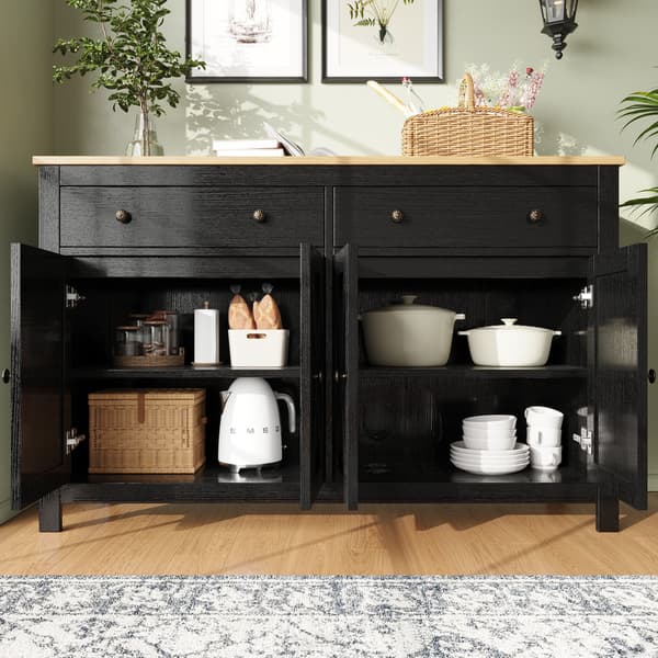 Musta buffet-senkki, keittiö, ruokailutila ja olohuone buffetkaapit, senkki säilytystilalla, vintage crosshatch design, kallistusesto