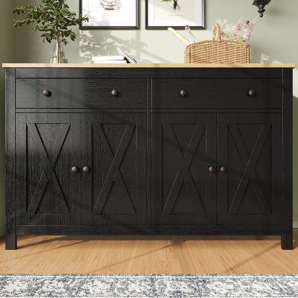 Musta buffet-senkki, keittiö, ruokailutila ja olohuone buffetkaapit, senkki säilytystilalla, vintage crosshatch design, kallistusesto
