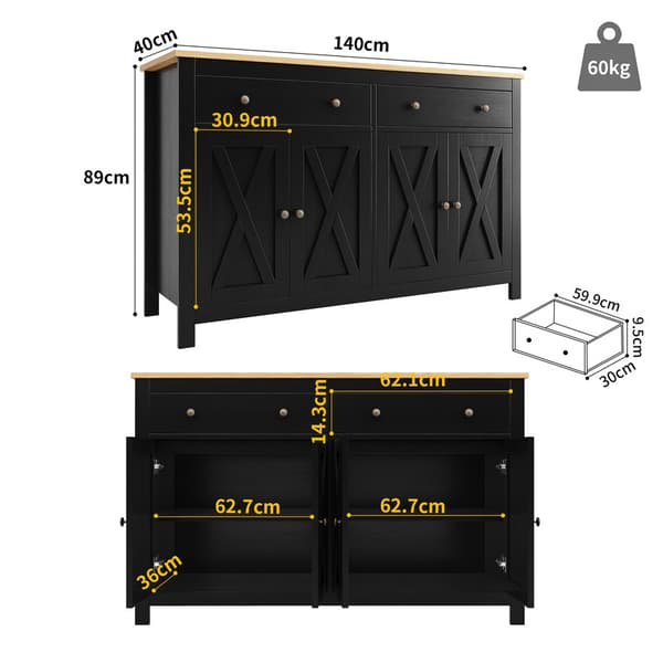 Musta buffet-senkki, keittiö, ruokailutila ja olohuone buffetkaapit, senkki säilytystilalla, vintage crosshatch design, kallistusesto