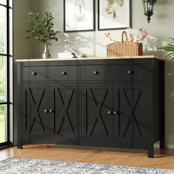 Musta buffet-senkki, keittiö, ruokailutila ja olohuone buffetkaapit, senkki säilytystilalla, vintage crosshatch design, kallistusesto