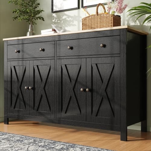 Musta buffet-senkki, keittiö, ruokailutila ja olohuone buffetkaapit, senkki säilytystilalla, vintage crosshatch design, kallistusesto