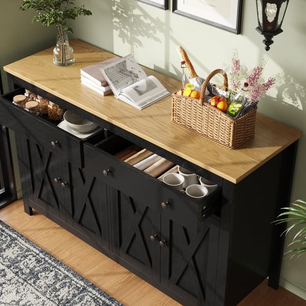 Musta buffet-senkki, keittiö, ruokailutila ja olohuone buffetkaapit, senkki säilytystilalla, vintage crosshatch design, kallistusesto