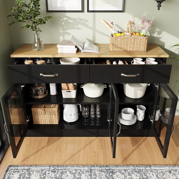 Musta buffet-senkki, keittiö, ruokailu- ja olohuoneen kaapit, moderni senkki, senkki säilytystilalla, vintage-lasikaapin muotoilu, kallistusesto