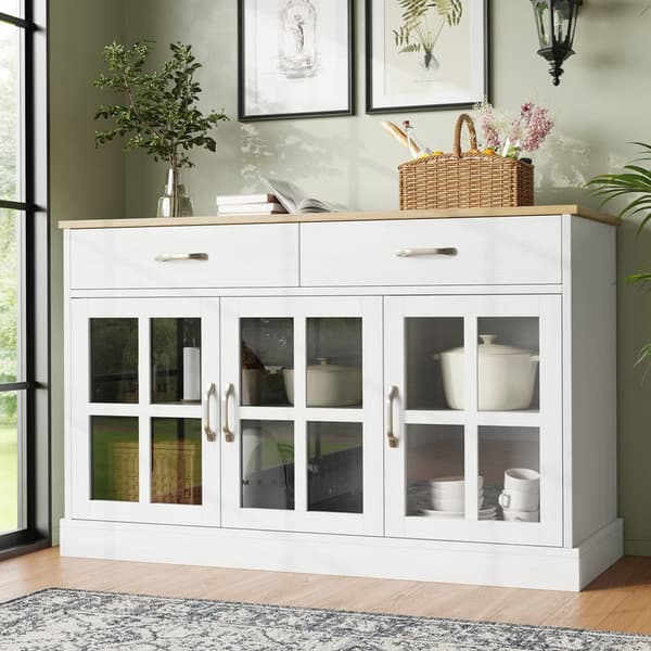 Valkoinen buffet-senkki, Keittiö, Ruokailu- ja olohuonekaapit, Moderni senkki, Senkit säilytystilalla, Vintage-lasikaappidesign, Anti-Tilt