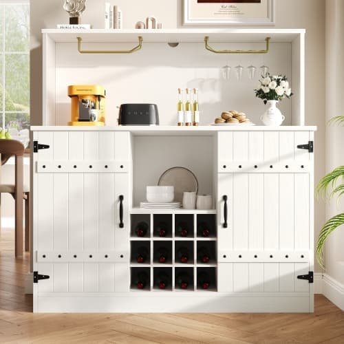 Valkoinen buffet-senkki, moderni minimalistinen muotoilu, tyylikkäät puiset melat, viinilasihyllyt, monitasoinen säilytystila