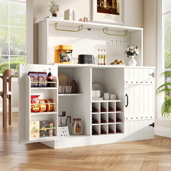 Valkoinen buffet-senkki, moderni minimalistinen muotoilu, tyylikkäät puiset melat, viinilasihyllyt, monitasoinen säilytystila
