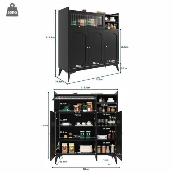 Moderni minimalistinen musta buffet-senkki, ylisuuri säilytystila lasiovilla ja kultaisilla kahvoilla, monikäyttöiset huonekalut