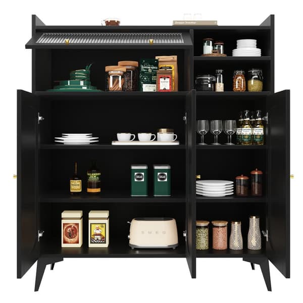 Moderni minimalistinen musta buffet-senkki, ylisuuri säilytystila lasiovilla ja kultaisilla kahvoilla, monikäyttöiset huonekalut