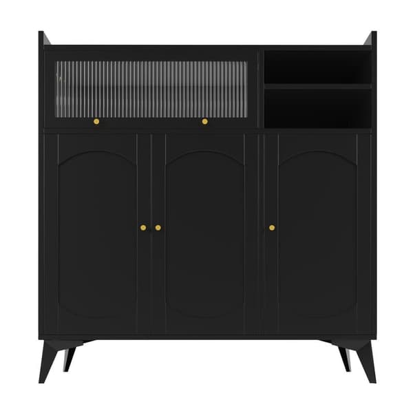 Moderni minimalistinen musta buffet-senkki, ylisuuri säilytystila lasiovilla ja kultaisilla kahvoilla, monikäyttöiset huonekalut