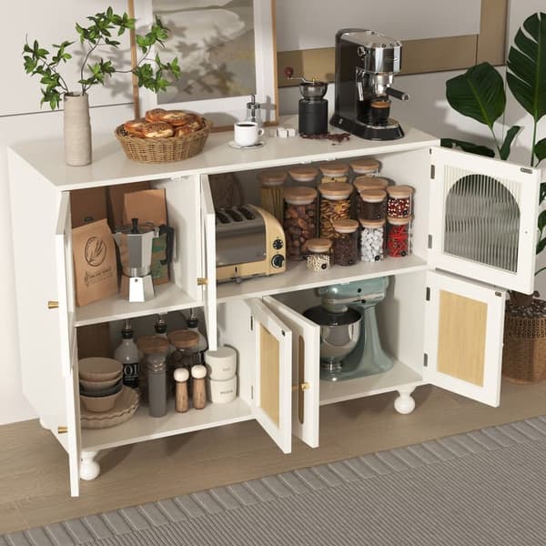 Valkoinen moderni buffet-senkki, sateenkaaridesign pitkä lasiovi, pianoavaimen muotoinen ovi, pyöreät pilarijalat, tyylikäs säilytyskaappi