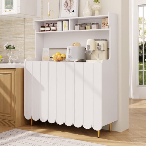 Valkoinen buffet-senkki, kirjahyllykeittiö, moderni minimalistinen tyyli, avoin säilytyshylly, luo siisti keittiö ja ruokailutila