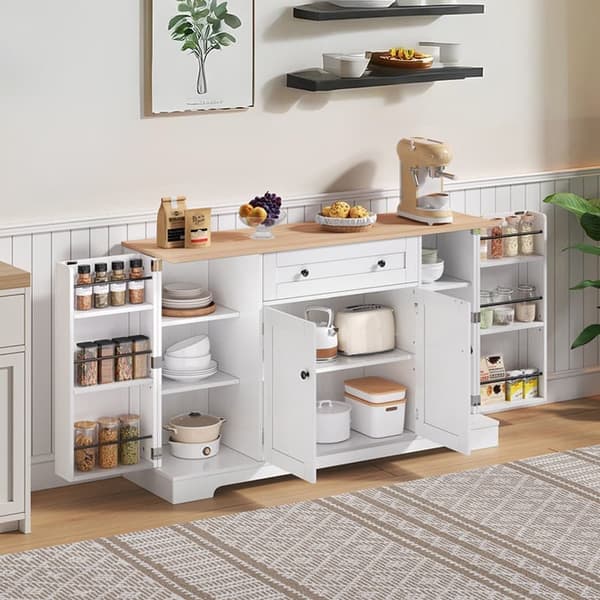 Monitoiminen keittiön buffet-senkki laatikoilla, hyllyovilla ja säädettävillä hyllyillä, kallistussuoja, ihanteellinen keittiöön, olohuoneeseen