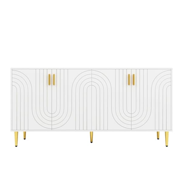 Valkoinen senkki aaltoilevalla kuviolla, kultaiset kahvat ja jalat – tyylikkääseen ruokailutilaan, 152×40×75 cm