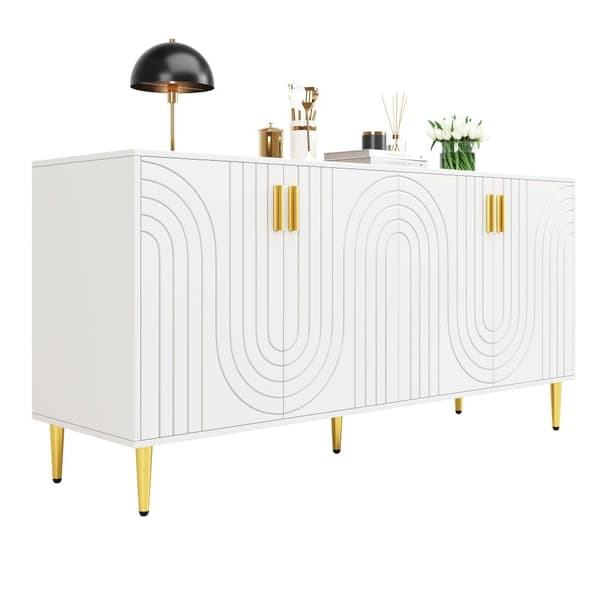 Valkoinen senkki aaltoilevalla kuviolla, kultaiset kahvat ja jalat – tyylikkääseen ruokailutilaan, 152×40×75 cm