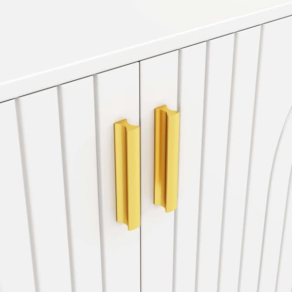 Valkoinen senkki aaltoilevalla kuviolla, kultaiset kahvat ja jalat – tyylikkääseen ruokailutilaan, 152×40×75 cm