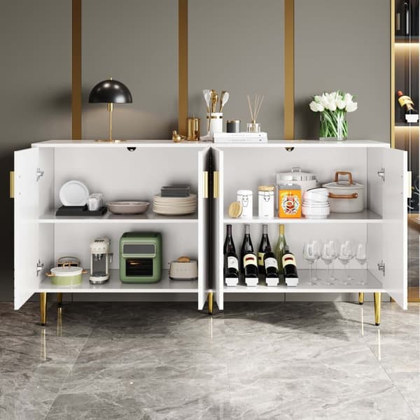 Valkoinen senkki aaltoilevalla kuviolla, kultaiset kahvat ja jalat – tyylikkääseen ruokailutilaan, 152×40×75 cm