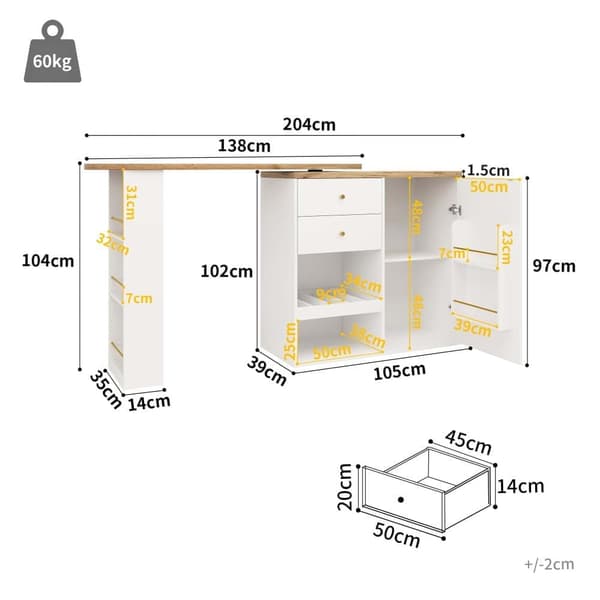 360° drejeligt barbord 105x39x102 cm – med 2 skuffer, skab med skydedør og åben opbevaring i 3 niveauer