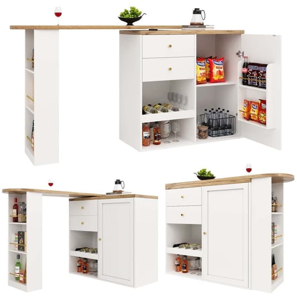 360° drejeligt barbord 105x39x102 cm – med 2 skuffer, skab med skydedør og åben opbevaring i 3 niveauer