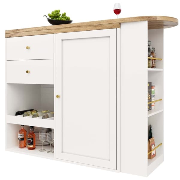 360° drejeligt barbord 105x39x102 cm – med 2 skuffer, skab med skydedør og åben opbevaring i 3 niveauer