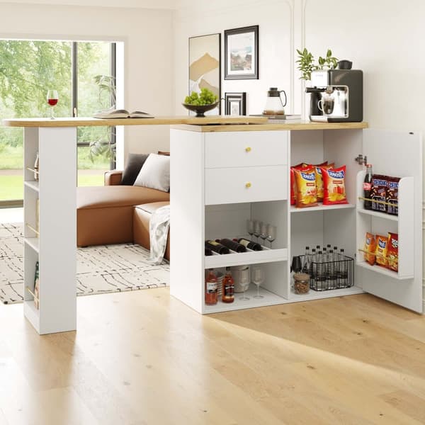 360° drejeligt barbord 105x39x102 cm – med 2 skuffer, skab med skydedør og åben opbevaring i 3 niveauer