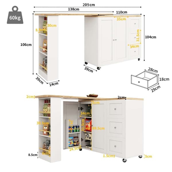 Sideboard, svängbart barskåp - MDF - 3 lådor och 2 dörrar - Vit