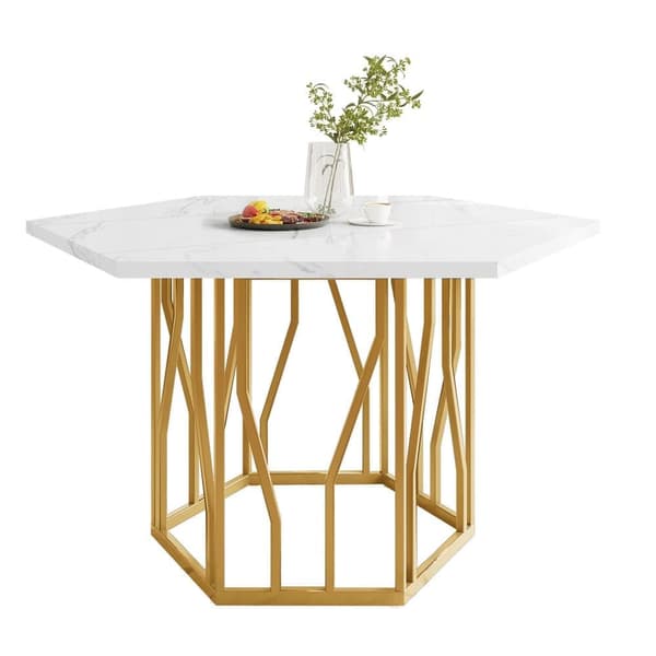 Modernt sexhörnigt matbord i marmor med metallunderrede i guld – Elegant soffbord för matsal och vardagsrum