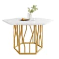 Miniatyrbild 3 av 10: Modernt sexhörnigt matbord i marmor med metallunderrede i guld – Elegant soffbord för matsal och vardagsrum