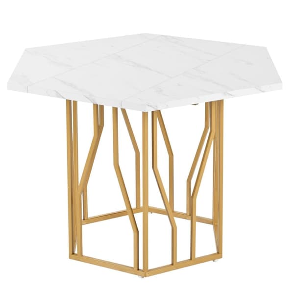 Modernt sexhörnigt matbord i marmor med metallunderrede i guld – Elegant soffbord för matsal och vardagsrum