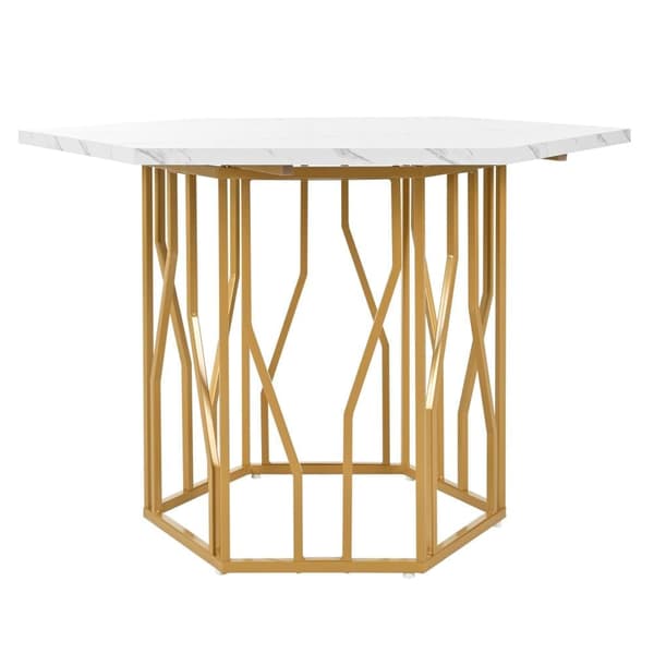 Modernt sexhörnigt matbord i marmor med metallunderrede i guld – Elegant soffbord för matsal och vardagsrum