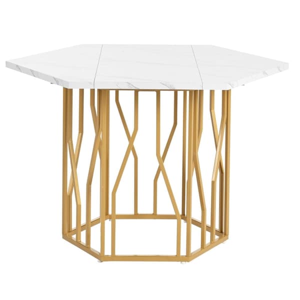 Modernt sexhörnigt matbord i marmor med metallunderrede i guld – Elegant soffbord för matsal och vardagsrum
