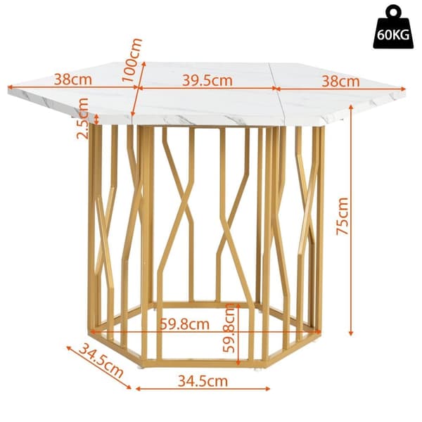 Modernt sexhörnigt matbord i marmor med metallunderrede i guld – Elegant soffbord för matsal och vardagsrum