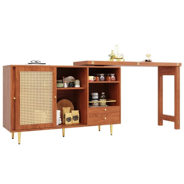 360° roterbart barbord i brunt trä – Förlängningsbart ståbord med skåp och rottingdörr, 107×40×71,4 cm