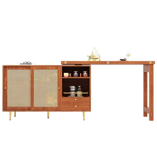 360° roterbart barbord i brunt trä – Förlängningsbart ståbord med skåp och rottingdörr, 107×40×71,4 cm