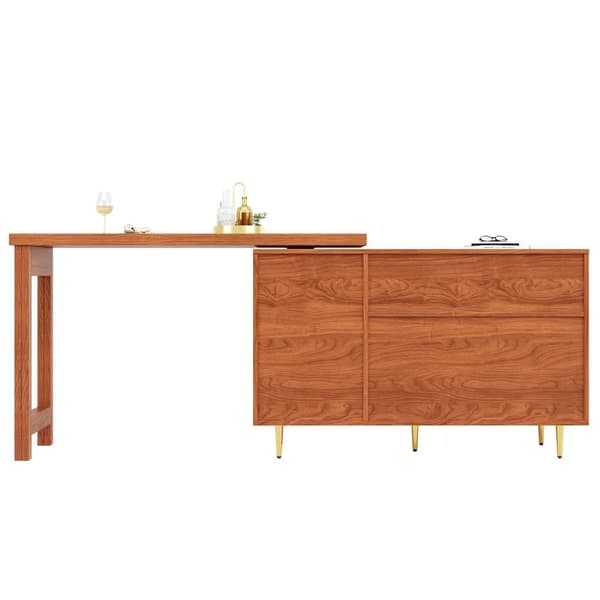 360° roterbart barbord i brunt trä – Förlängningsbart ståbord med skåp och rottingdörr, 107×40×71,4 cm