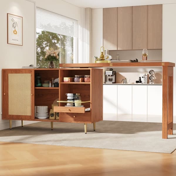 360° roterbart barbord i brunt trä – Förlängningsbart ståbord med skåp och rottingdörr, 107×40×71,4 cm