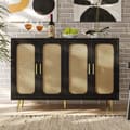 Miniatyrbillede 4 af 6: Sort rattan buffet skænk, 4 låger, håndlavede opbevaringsskabe i træ, separate skabe, trækøkken, til spisestue, stue
